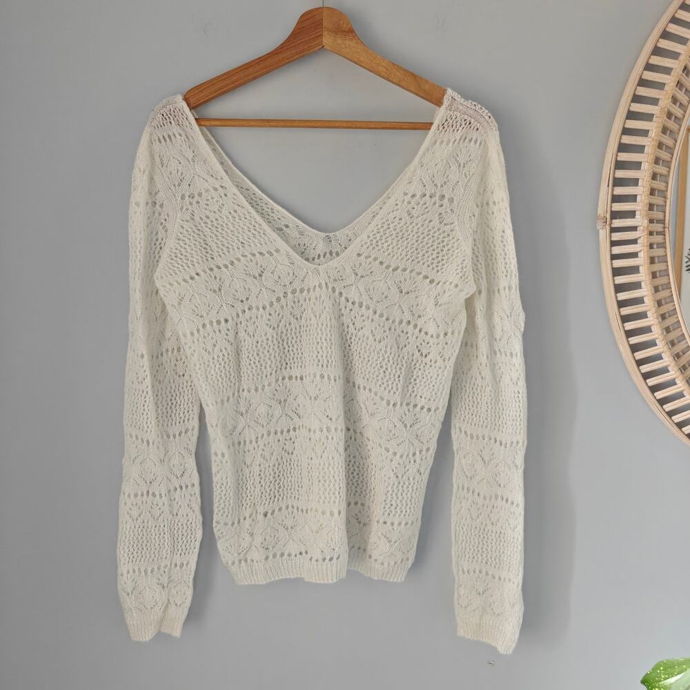 SEZANE Maiya Ecru Mohair Openwork Pointelle Double V Neck Lightweight Sweater S
